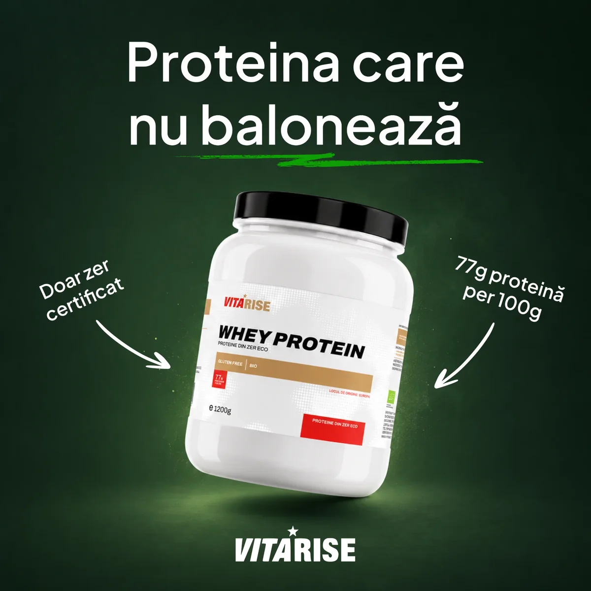 Reclamă statică VitaRise — proteina care nu balonează