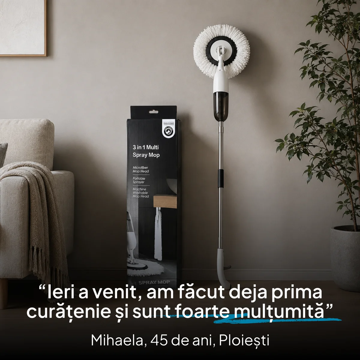 Reclamă statică Paa-Home — testimonial spray mop 3 în 1