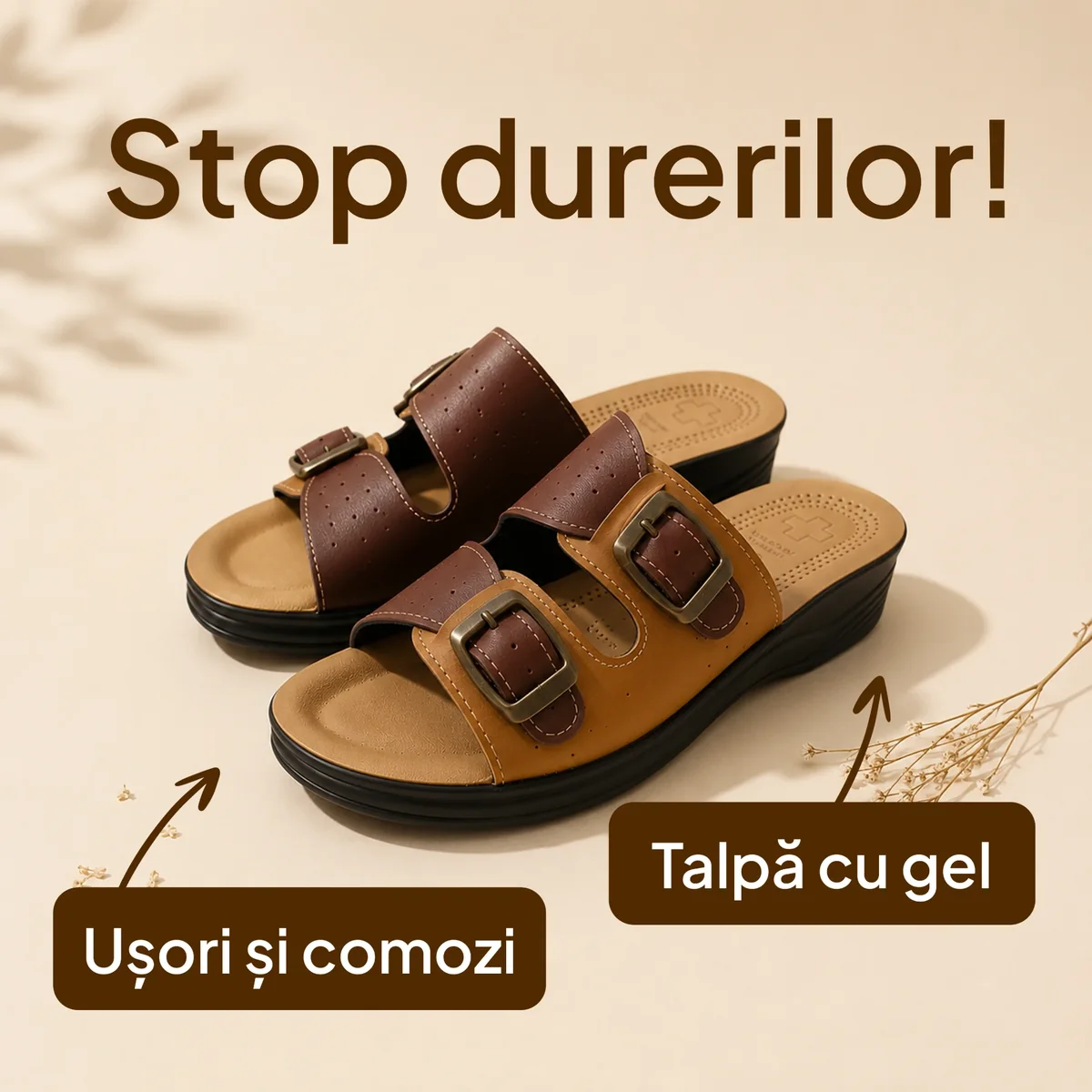 Reclamă statică saboți medicinali — stop durerilor, talpă cu gel